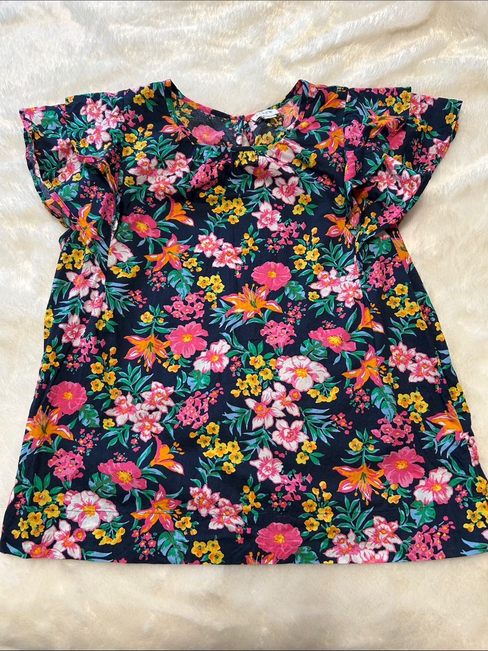 J. Crew Navy Floral Flutter Sleeve Top with Bright Blooms